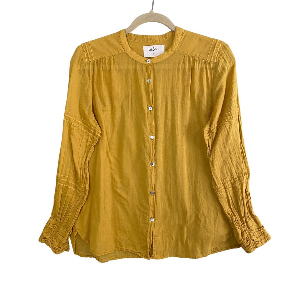 ba&sh Samy Cotton Voile Button Front Top Mustard Ochre Paris Long Sleeve-8